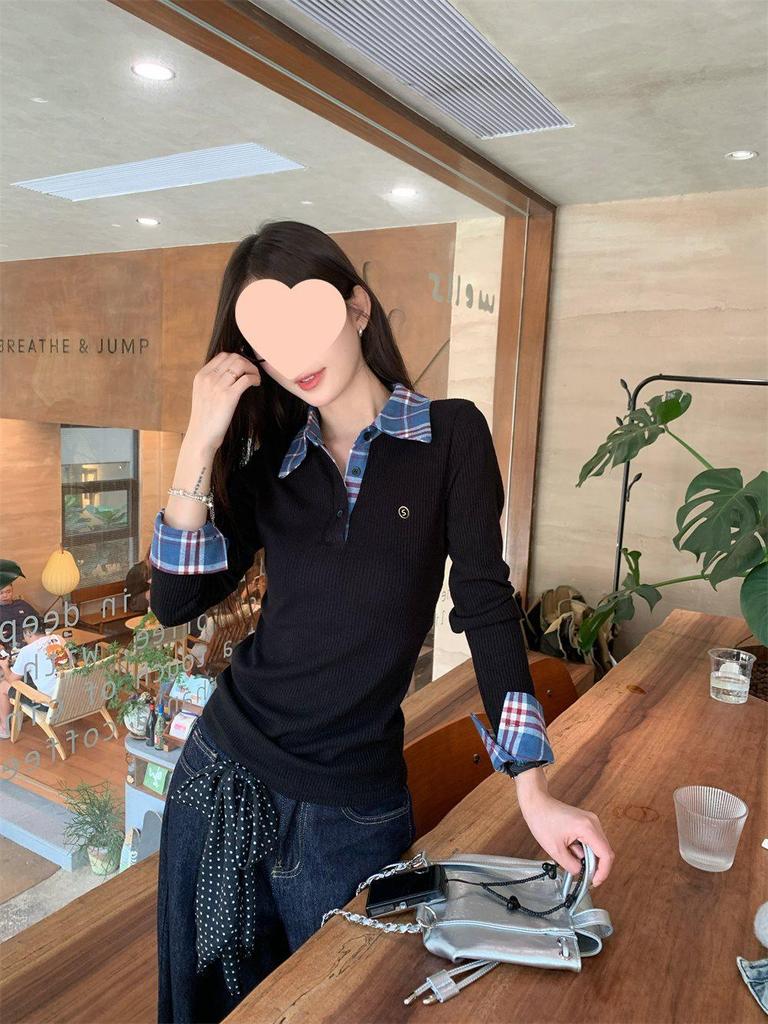 Kariertes Polo-Kragen Spleiß-Faux-Zweiteiler Langarm Slim Fit Gestricktes Damen-T-Shirt für Frühling und Herbst