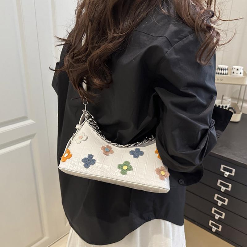 New Crocodile Pattern French Toast Bag Fashion Flower Embroidery Chain Shoulder Bag Women's Shoulder Cross-Body Bag AVE