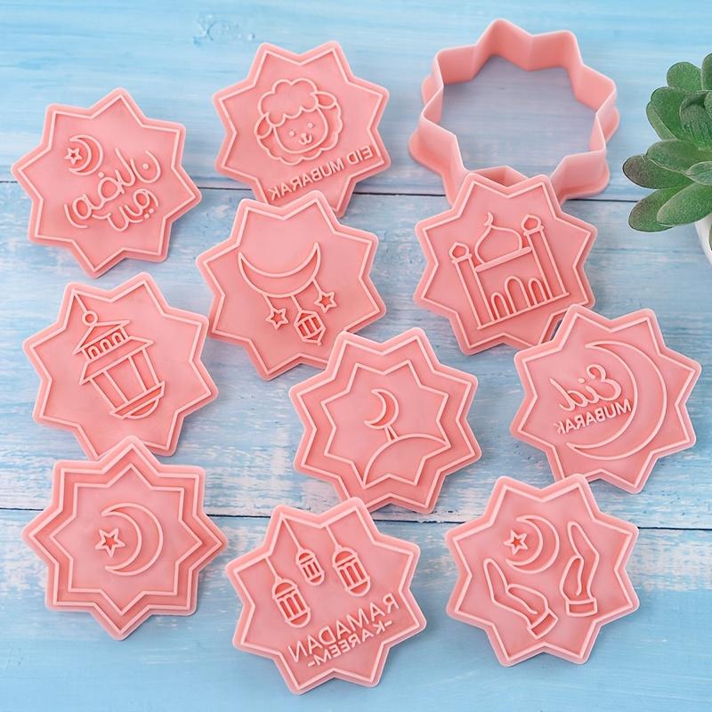10PCS Eid Mosque Moon Cookie Cutters Plastic 3D Biscuit Molds Ramadan Fondant Baking Tools for Halal Treats Kids Family DIY