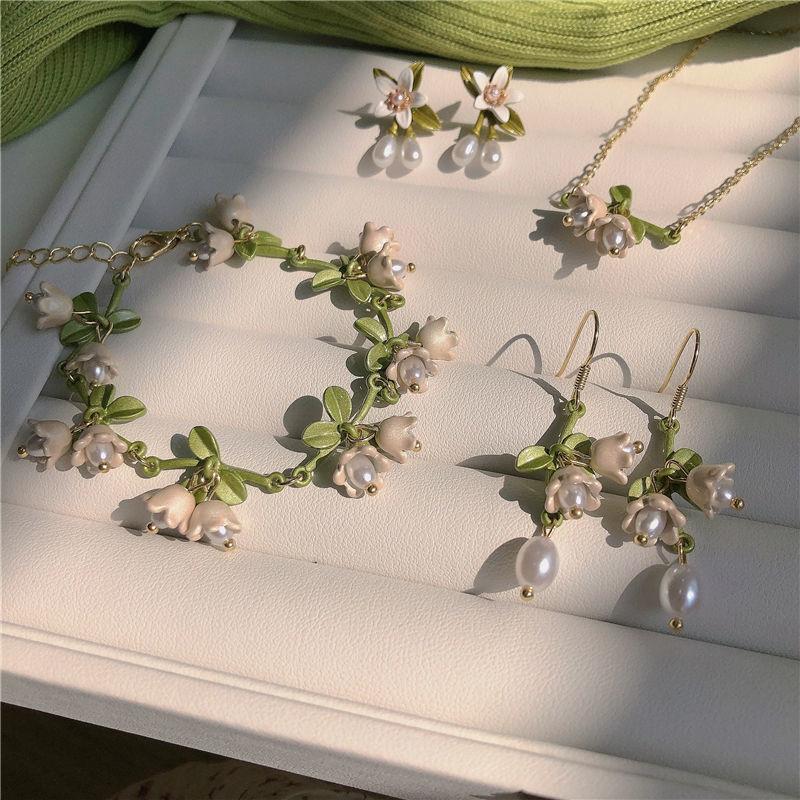 White Lily of the Valley Earrings + Bracelet + Necklace Super Immortal Mori Spring New Earrings Girl Clavicle Chain Ear Clips