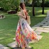 Holiday Style Beautiful Art Color Floral Suspender Dress Summer High Waist Backless Pendulum Seaside Photo Dress