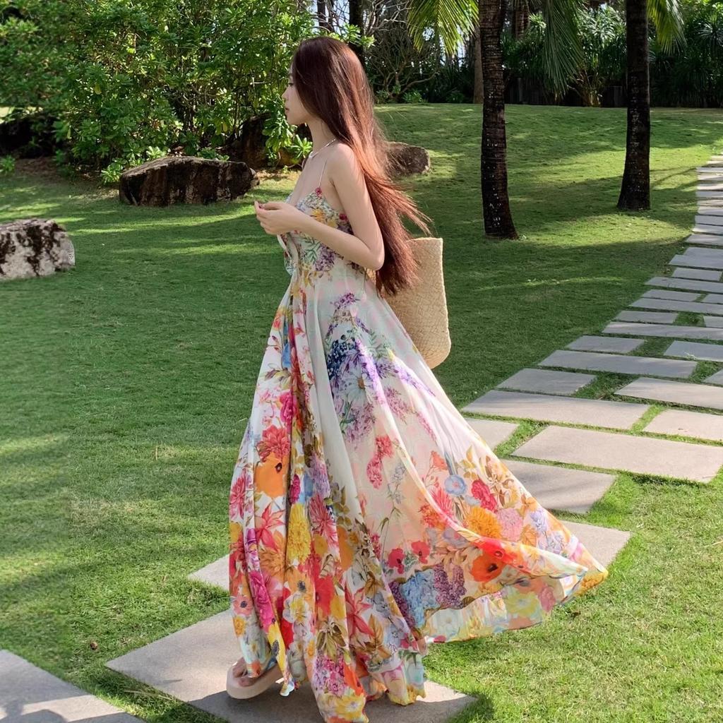 Holiday Style Beautiful Art Color Floral Suspender Dress Summer High Waist Backless Pendulum Seaside Photo Dress