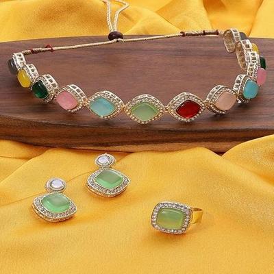 Collar Choker de Piedras Multicolor Diamantes Austríacos Set de Pendientes y Anillo Para Mujer