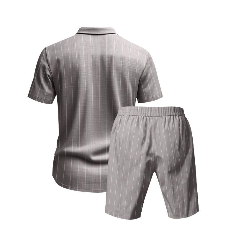Summer Linen Suit Men's Striped Jacquard Loose Short Sleeve Shirt Beach Shorts Two-piece Set