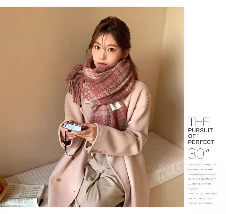 Korean Style Thick Pink Plaid Scarf for Women - Autumn/Winter Neck Warmer