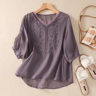 Vintage Cotton Blouse Summer Women Clothing Fashion Embroidered Casual V Neck Sleeve Blouses