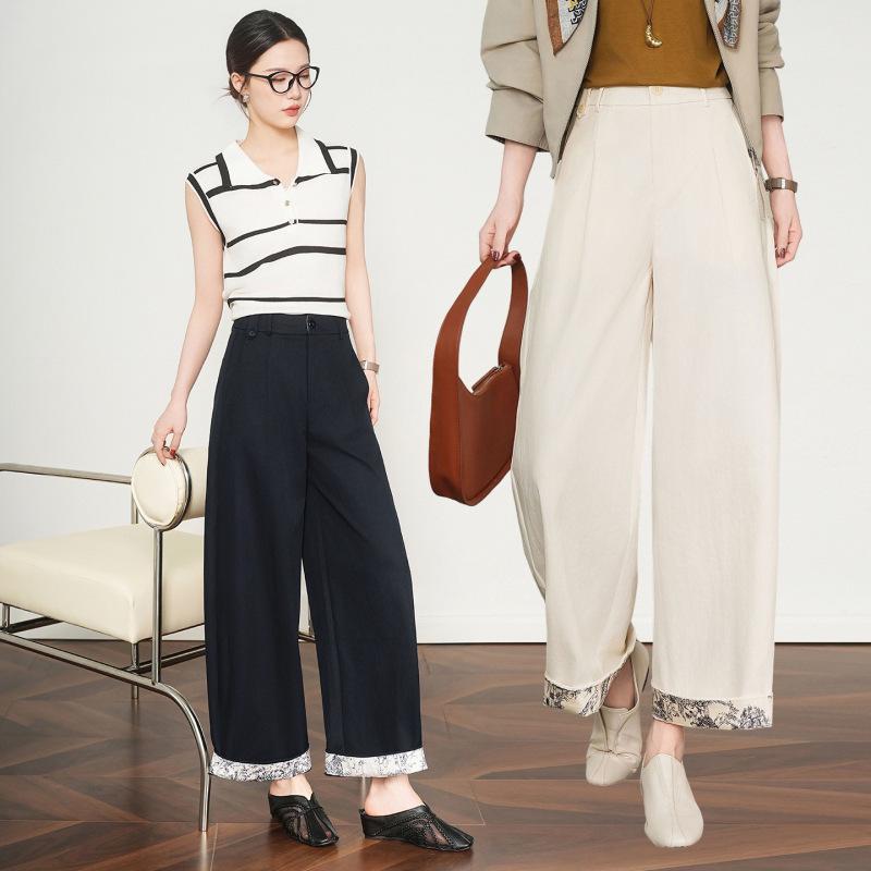 2026 Spring/Autumn Women's High-Waisted Wide-Leg Color Block Lace Casual Pants, Plus Size