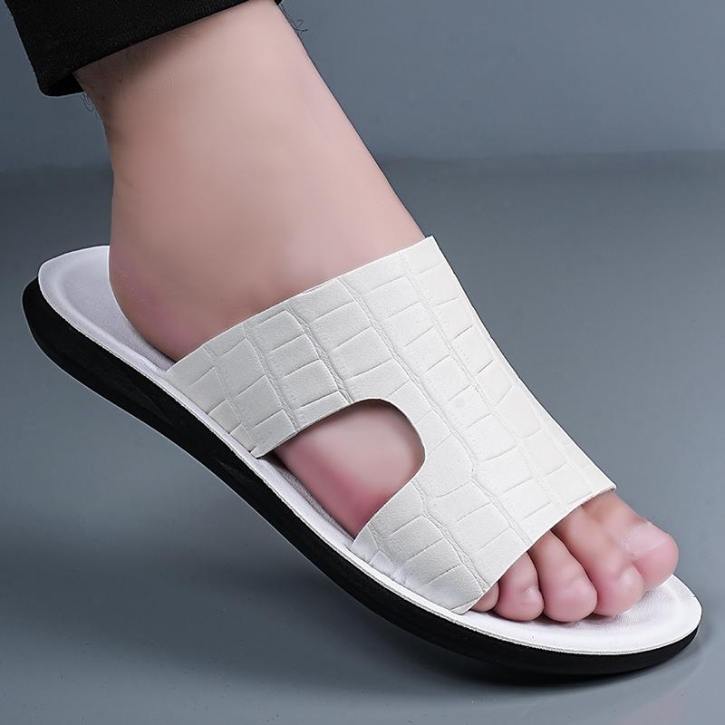 Men Black Leather Slippers Flats Summer Brown Sandals Outdoor White Wide Head Beach Shoes for Father Over Sized 46 47 48