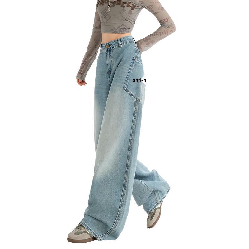 Women's Retro Blue Embroidered Wide-Leg Jeans