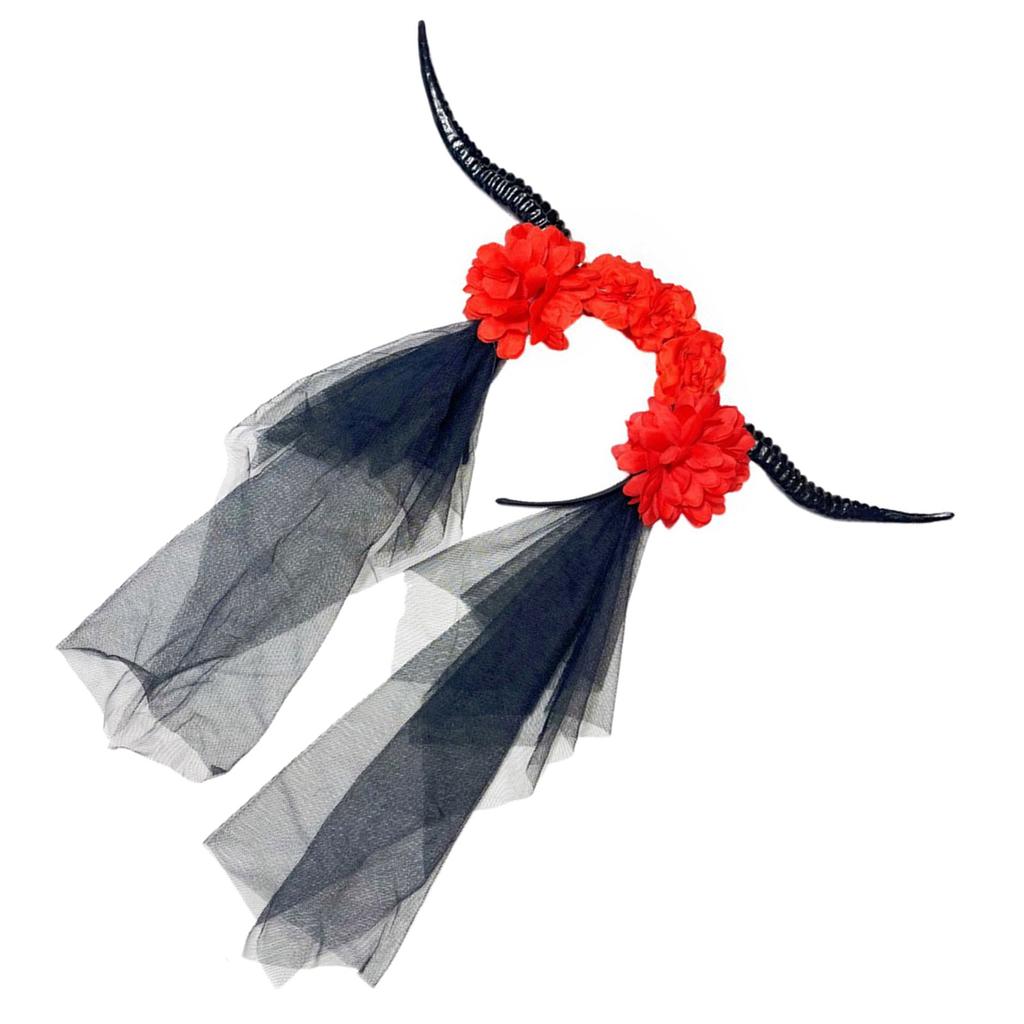 Devil Horn Flower Headband with Veil Cosplay Costume Hairband Dark Series Hairhoop Day of the Death Hairband for Women