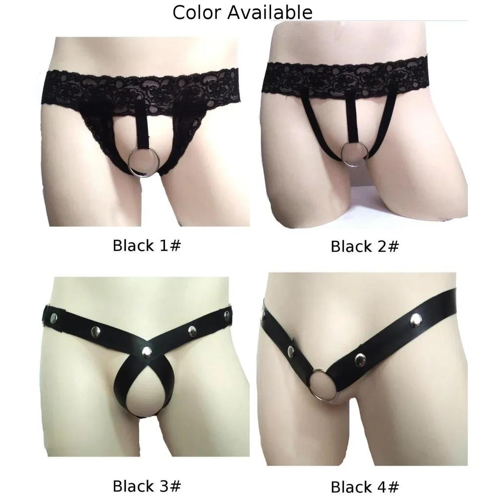 Men's Sexy Front Hole Thong Backless See-through Lace G-string Hollow Out Erotic Panties Solid Low Rise Underwear Gay Man Briefs