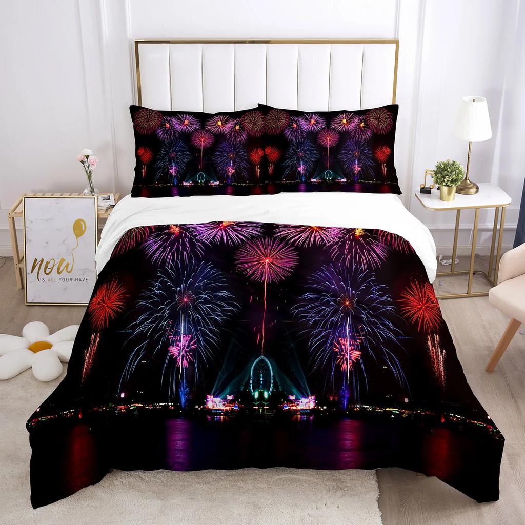 Colourful Fires Bedding Set Washed Cotton Firework Duvet Cover Queen Size Celebrate Merry Christmas Theme Soft Comforter Cover