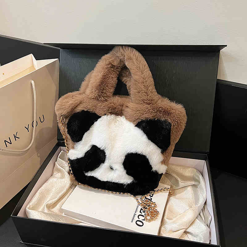 

Модные пушистые сумки-ведра для женщин, осень-зима, новые сумки через плечо с рисунком панды, женские мягкие сумки