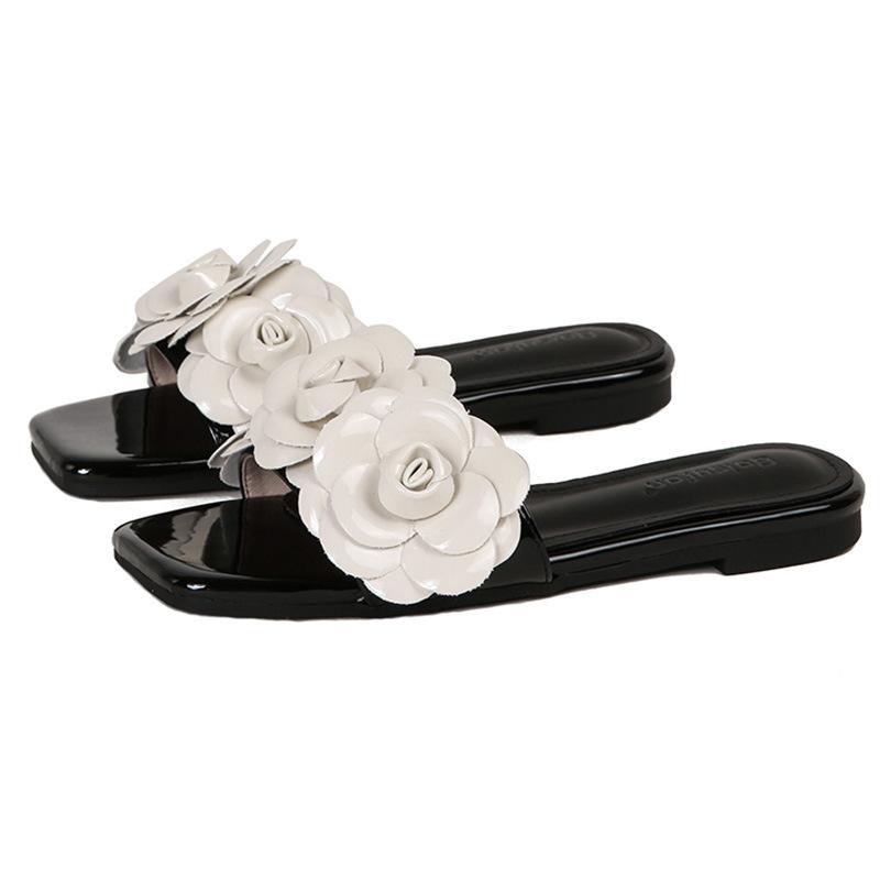 Fashion designer camellia slippers women black white mixed color slides shoes ladies flower decoration flip flops floral sandalias mujer