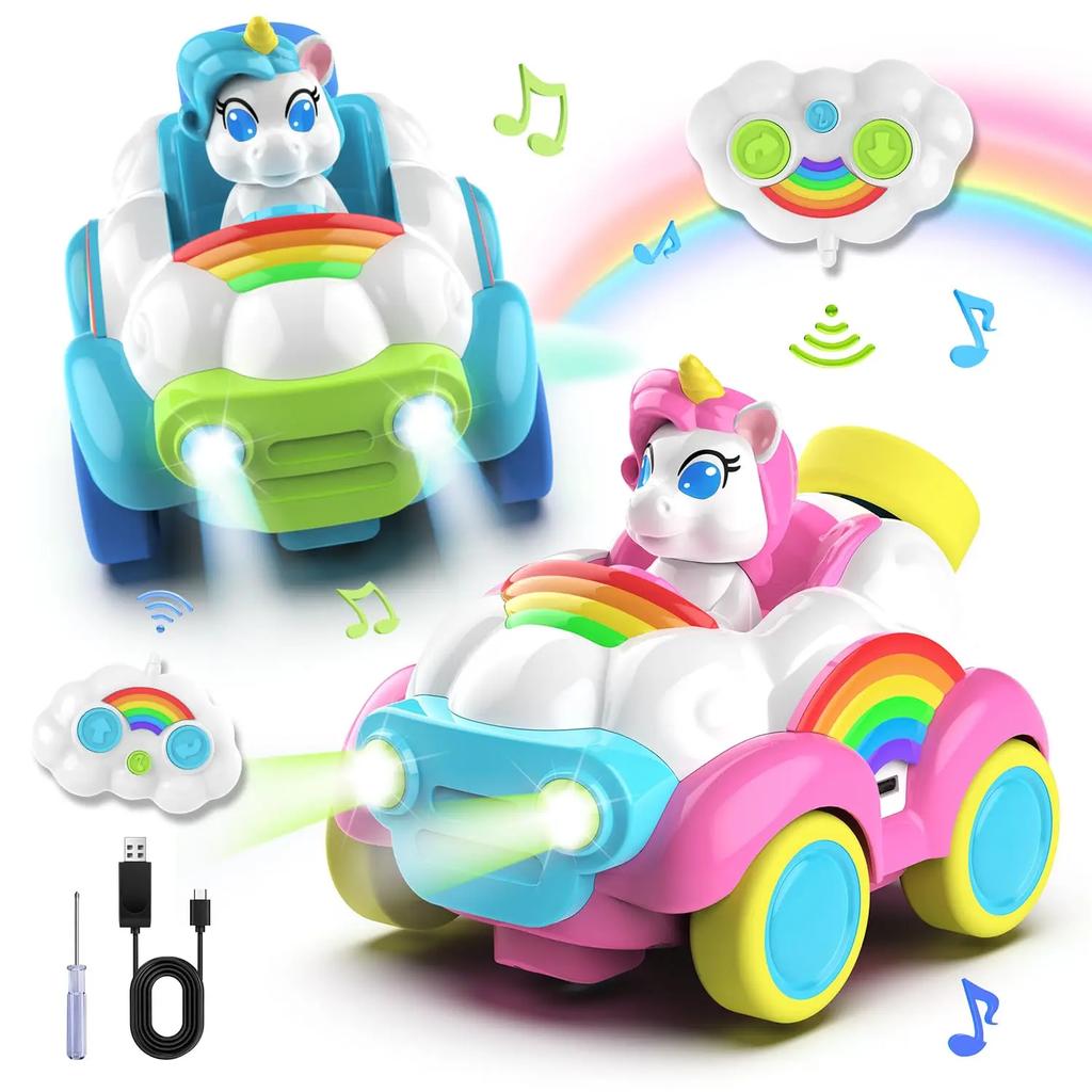 2pcs Remote Control Cars 2.4Ghz RC Cars Kids Unicorn Car Toys With Colored Lights, Music And Sound For Ages 2-6 Toddler