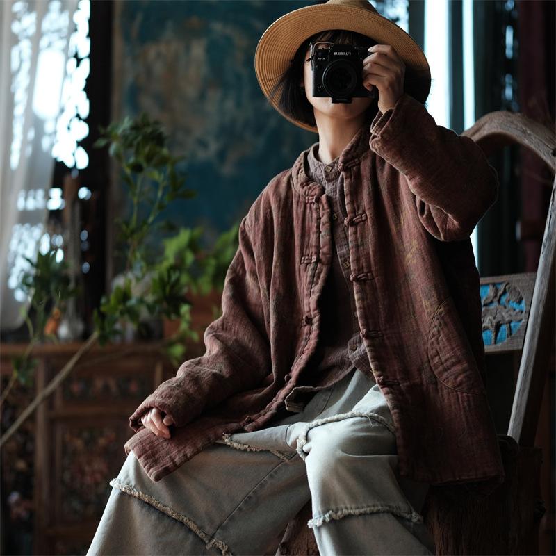 

Johnature Women Vintage Stand Long Sleeve Button Patchwork Pockets Coats Autumn Chinese Style Warm Coats One Size