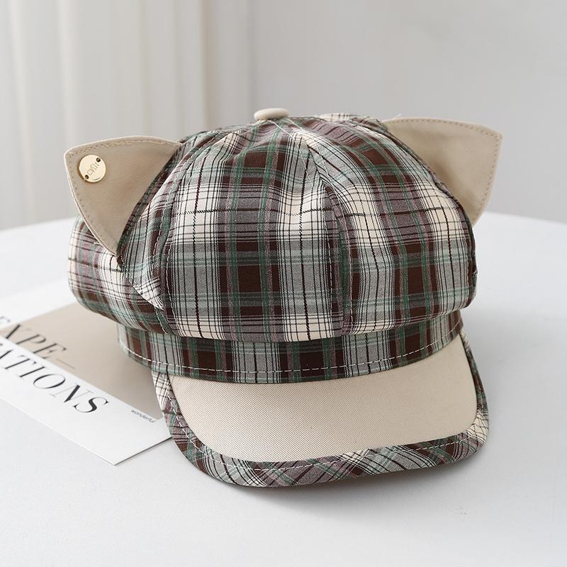 Outdoor Women'S Retro Plaid Breathable Cat'S Ears Baseball Cap Fashion Sweet Style Octagonal Caps British Style Men Forward Hat