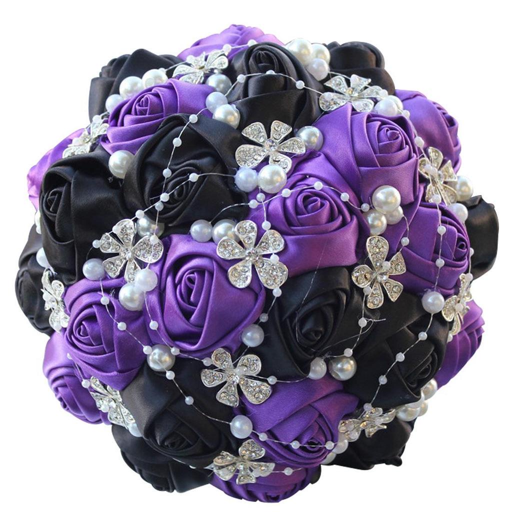 European & American Elegant Ribbon Flower Bridal Bouquet – Beaded Five-Flower Design