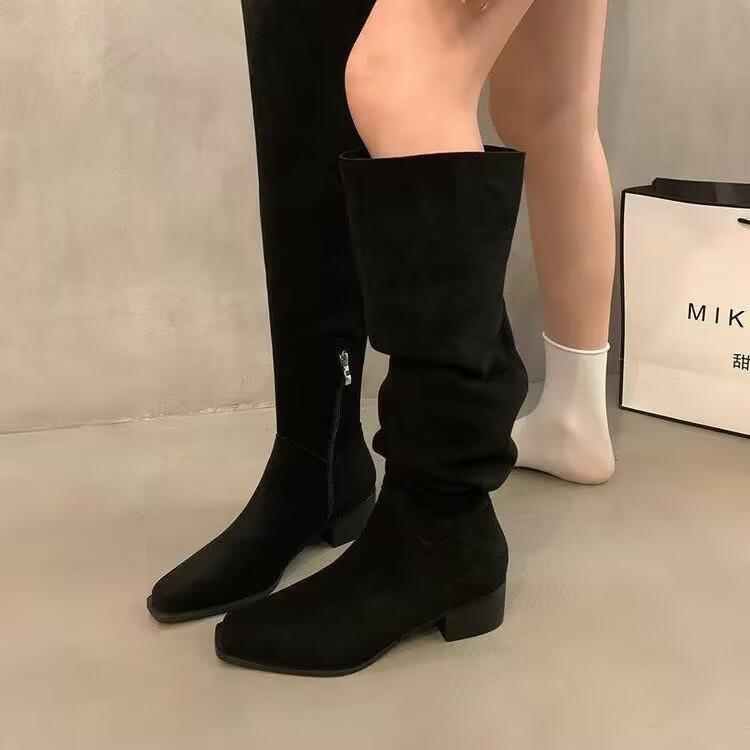 

Thick high-heeled pointed-toed skinny knee-length knight boots women s new spring, autumn and winter khaki stacked retro boots 40 чорний