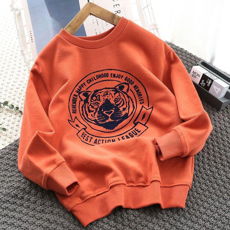 

Футболка с капюшоном из чистого хлопка с рисунком для мальчика на весну и осень, новый стиль, свободный и универсальный повседневный топ для детей, среднего и большого размера 160 оранжевый