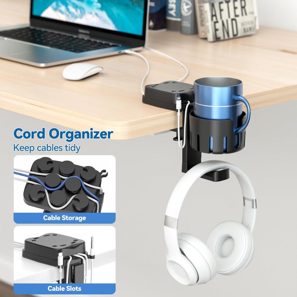 KDD Headphone Stand and Cup Holder, Detachable 360° Rotating Headphone Hanger with Cable Rack and Storage, 2 Cable Clamps - Drink Holder Desk,