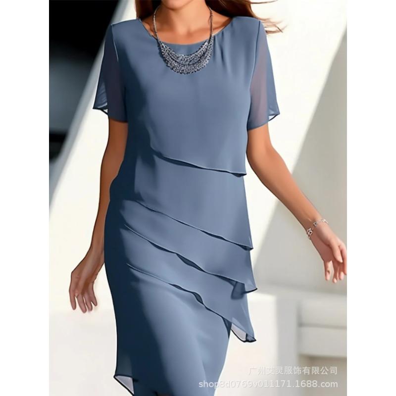 Women s solid color short-sleeved flash ruffle edge round neck casual dress S