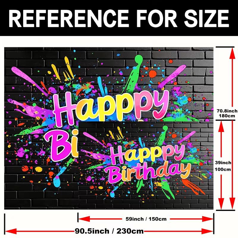 2D Colorful Paint Splatter Happy Birthday Backdrop Banner, Black Brick Wall Style