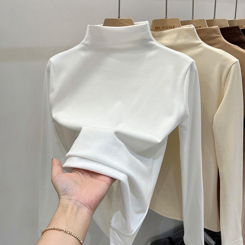 Versatile Plush Half-High Collar T-Shirt: Stylish, Slim-Fit Warm Base Layer for Autumn/Winter, Wearable Indoors or Out.