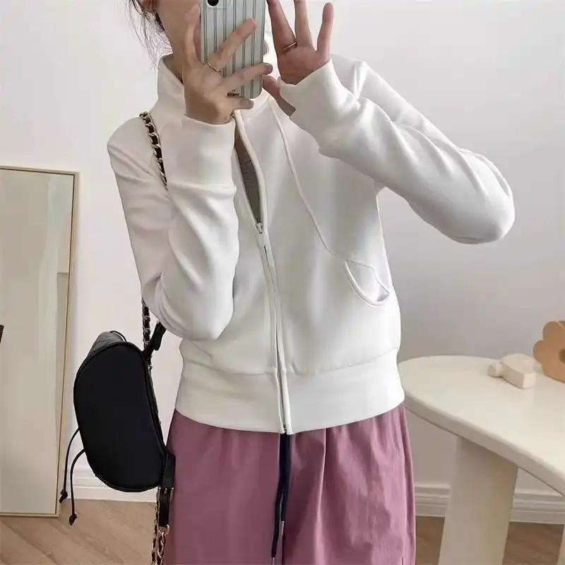Women's Navy Blue Zip-Up Jacket - Stand Collar Slim Fit Thumbhole Sports Top