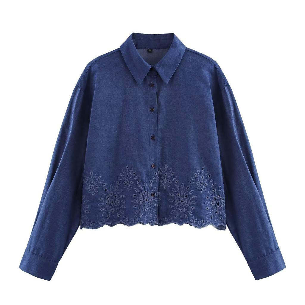 European and American style, new women's clothing, classic, versatile hollow embroidered short shirt 3564060