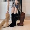 Mote Etniske kvinner Støvler Firkantet hæl Side Glidelås Cowboy Boots Retro Kne Støvler Ny mote Dusk Lange Botas Dame Sko