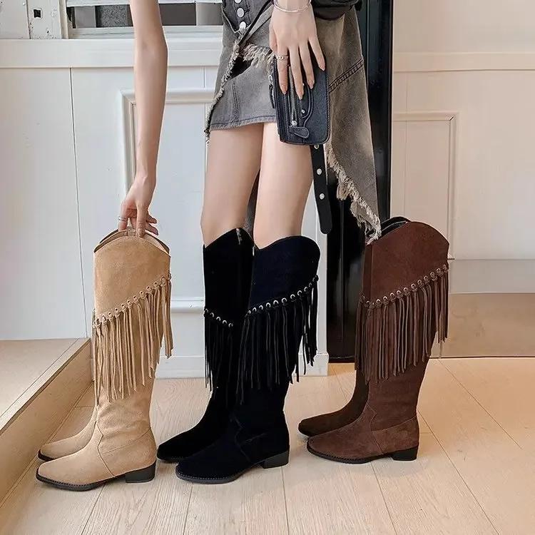 Mote Etniske kvinner Støvler Firkantet hæl Side Glidelås Cowboy Boots Retro Kne Støvler Ny mote Dusk Lange Botas Dame Sko