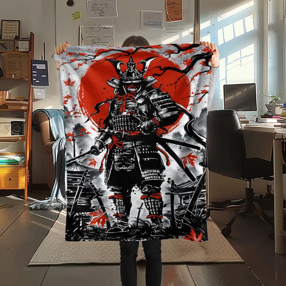 1Pc Japanese Samurai Print Flannel Blanket, High quality Comfortable for All Seasons, Home Decor, Warmth and Comfort, Perfect for Christmas Gifts