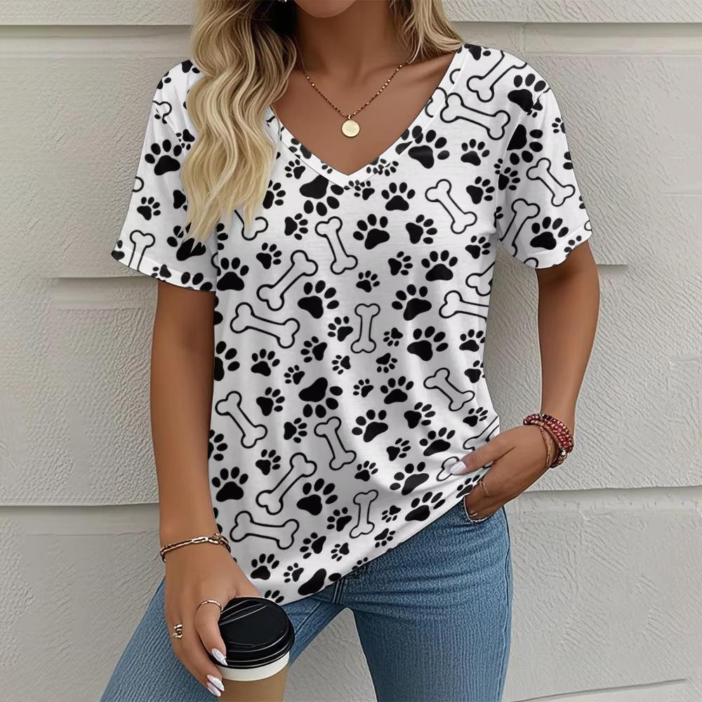 Summer V-neck 3D Printed Cat's Paw Pattern Top Fashionable Casual Short Sleeved Women's T-shirts