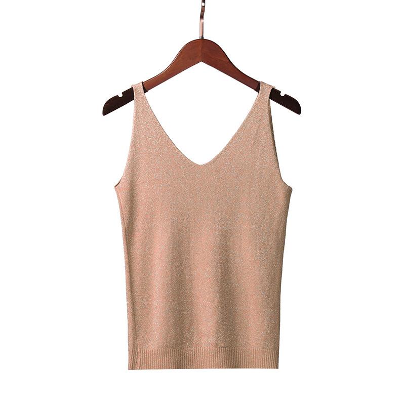 Women's Summer Halter Sexy V-neck Slim Bright Silk Knit Vest Wearing Sleeveless T-shirt Base Top Trend