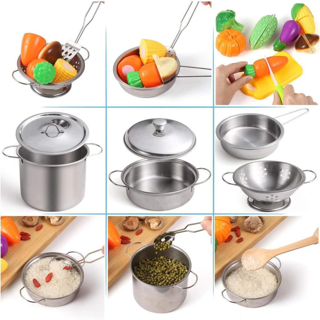 Kitchen Pretend Play Toys with Stainless Steel Cookware Pots and Pans Set, Cooking Utensils, Apron & Chef Hat, Cutting Vegetable