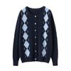 Women's Cashmere Diamond Pattern Cardigan - Retro Color-Blocked Long Sleeve Sweater for Autumn/Winter