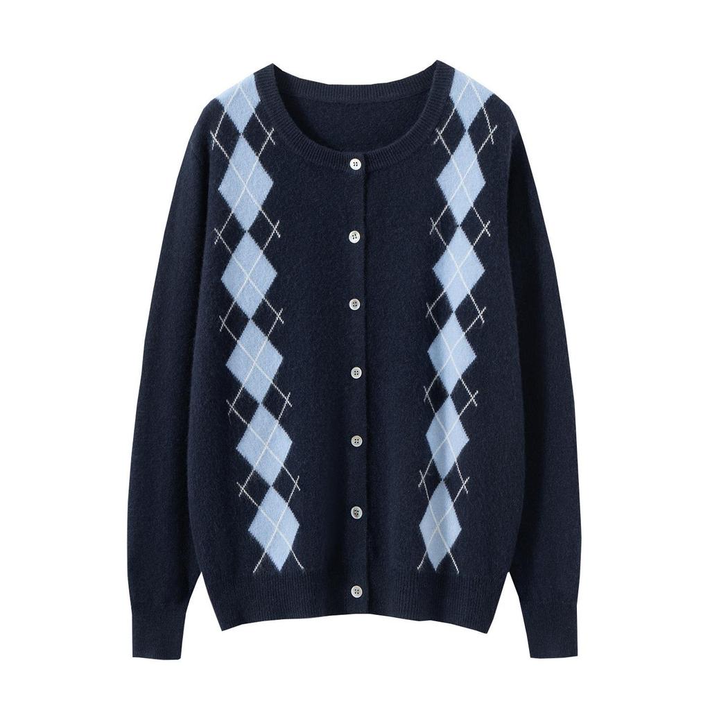 Women's Cashmere Diamond Pattern Cardigan - Retro Color-Blocked Long Sleeve Sweater for Autumn/Winter