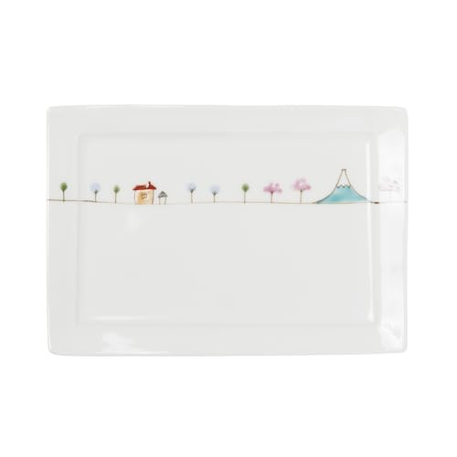 

Hasami ware rectangular plate, approximately 23cm wide x 16cm deep, microwave-safe, featuring a Japanese landscape and a walking path, made in Japan,