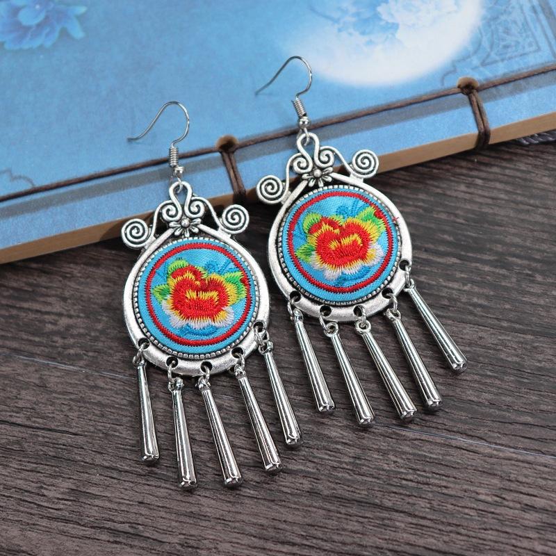 Retro hand-embroidered fabric earrings female long flower fringed versatile temperament performance earrings earrings