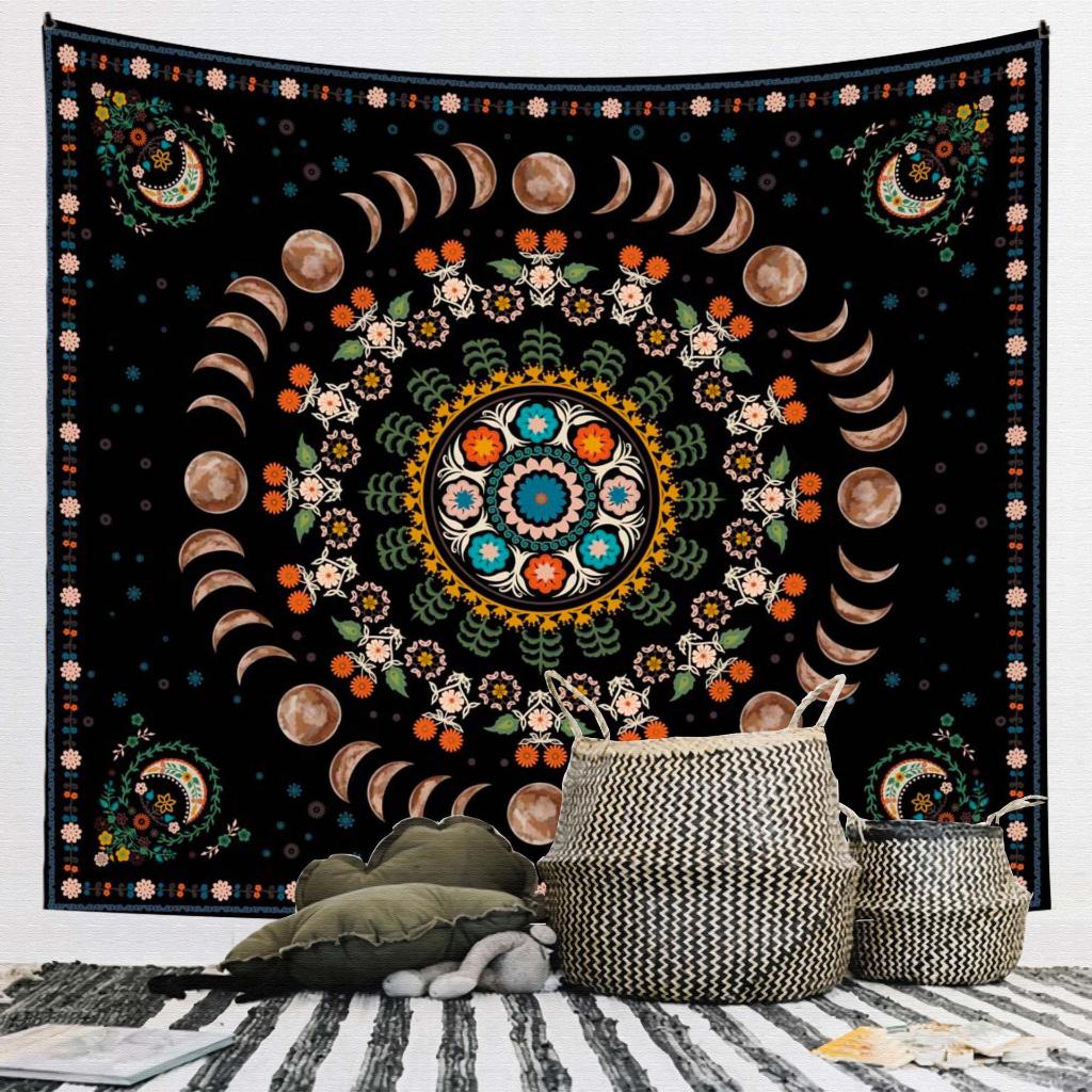 VIKAMA Vintage Floral Moon Phase Tapestry Bohemian Flower Star Moon Wall Blanket for Bedroom Living Room Dormitory Decor