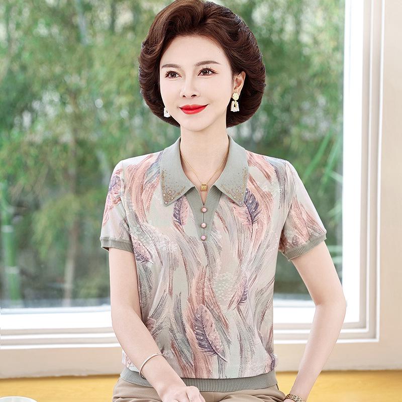 Mid-aged Mom Summer Ice Silk Short-Sleeve Lapel Top - Stylish & Loose for Middle-Aged Women