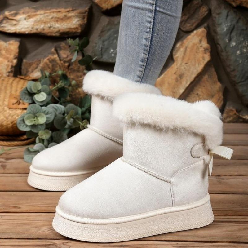 Winter new velvet thickened large size snow boots thick bottom fluffy mouth bow warm short boots women