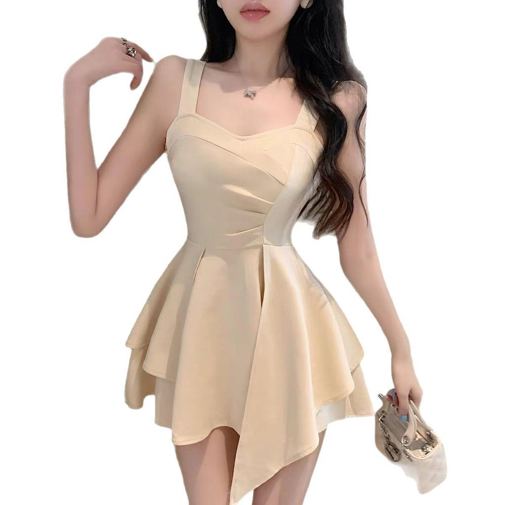 French sweet and spicy foreign style sexy backless suspender dress women's summer pure desire wind irregular waist and thin skirt