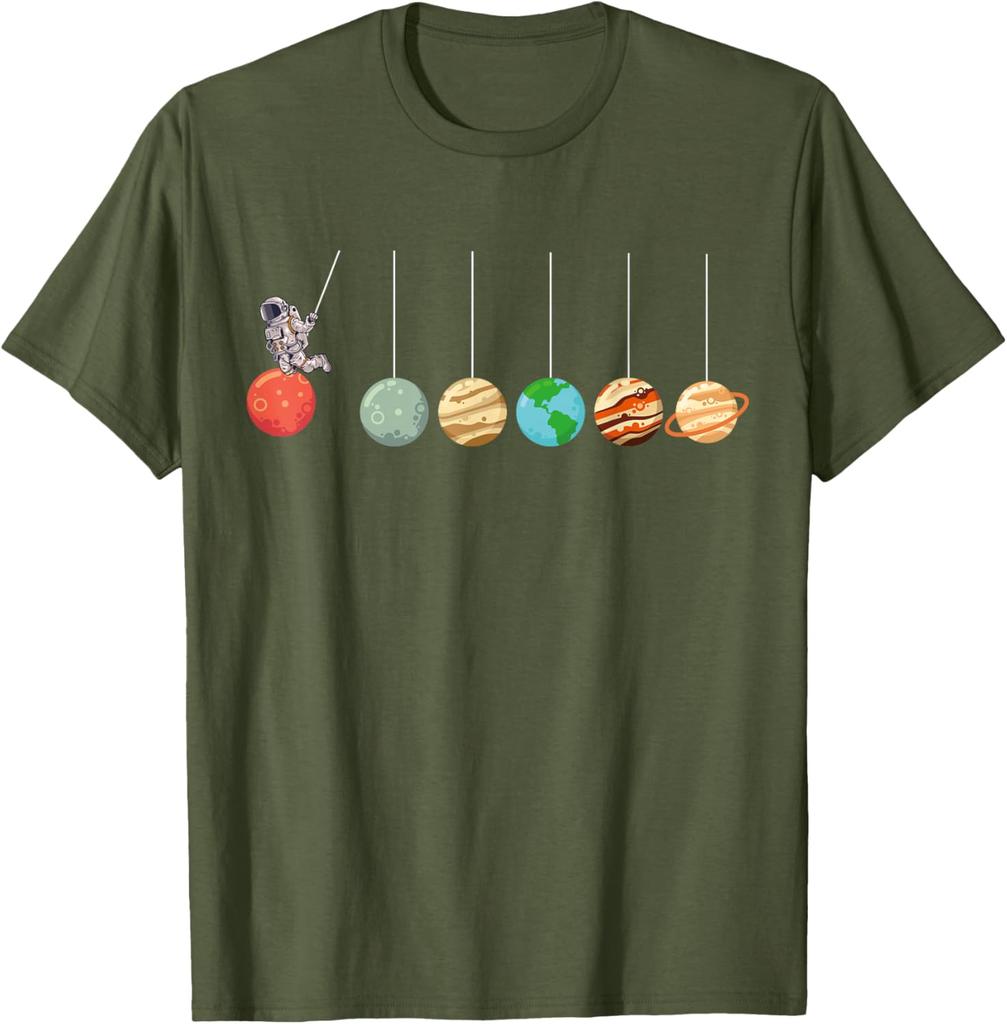 Solar System Pendulum Astronaut Graphic Tee Funny Science Enthusiasts Casual Short Sleeve T-Shirt