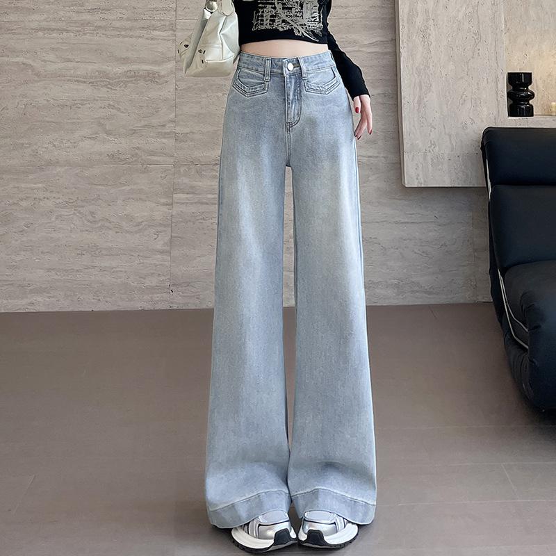 Women's High-Waisted Light Blue Wide-Leg Jeans - Spring/Autumn 2025, Slimming Loose Straight-Leg Floor-Length Pants