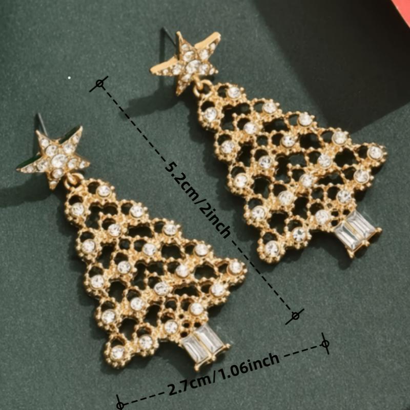 1 Pair Christmas Tree Earrings for Women, Golden-Tone Party Jewelry with Sparkling Synthetic Stones, Unique Tree Design for Holiday Celebrations