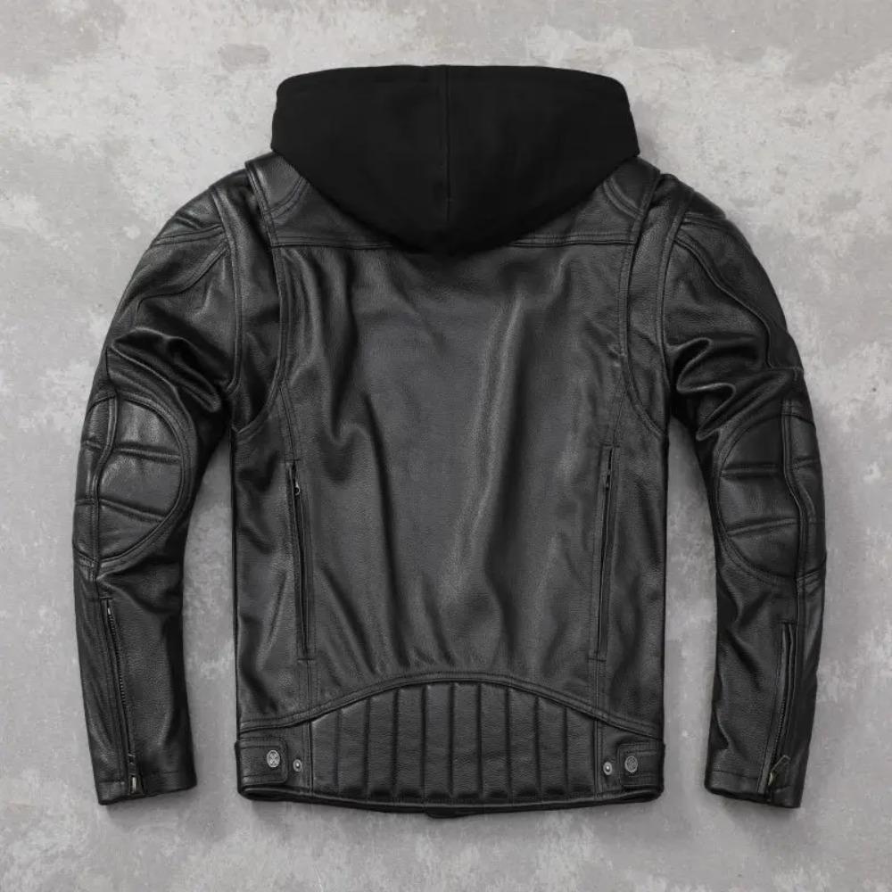 Chinese Size Heavy Motorcycle Jacket Hood Genuine Cowhide Men Leather Jacket Riding Biker Coat Winter Motorbike Jackets Warm Jaquetas