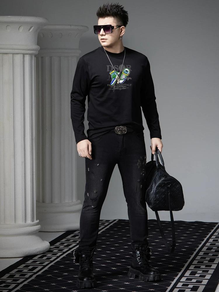 European Style Trendy Letter Print Long-Sleeve T-Shirt for Men 2025 Autumn New Round Neck Casual Top Men's T-Shirt