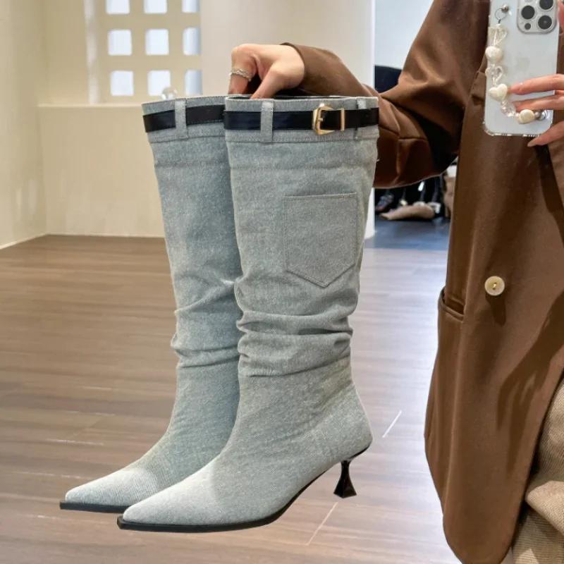 

2024 Новая мода однотонные высокие и низкие удобные верхние женские сапоги ковбойские сапоги с острым носком женские сапоги на шпильке 40 синий